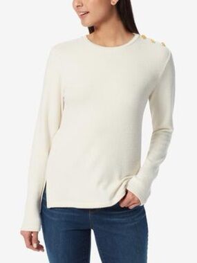 New Anne Klein Sweater Cream Crew Neck Gold Button Shoulder Detail Size Medium